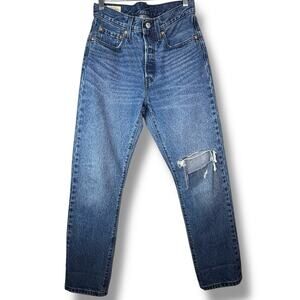 Levi's Premium 501 Dark Wash High Waist Distressed Button Fly Denim Jeans